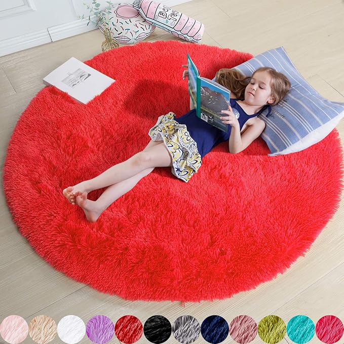 Red Circle Round Rug 7Ft for Living Room Bedroom, Large Fluffy Shag Area Rugs for Kids Room Decor Aesthetic, Fuzzy Plush Fur Carpets for Nursery Classroom, Red Carpet, Indoor Furry Rugs for Teen Boys
