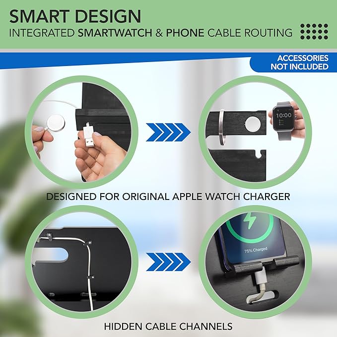 Nightstand Organizer with Drawer- Wood Phone Docking Station- Desk Organizer for Two Phones or Tablet, Watches, Headphone & Accessories- Unique Gifts for Men, Dad or Son (Black)