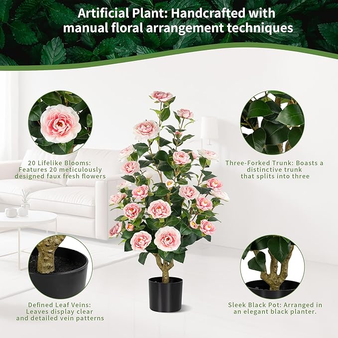 [2-Pack] 37’’ Artificial Camellia Tree with White Flowers, Faux Potted Plant for Indoor & Outdoor Decor, Lifelike Greenery for Home, Office, Porch, or Patio (Pink)