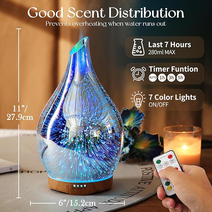 Porseme 280ml Essential Oil Diffuser, Aroma Ultrasonic Humidifier with Remote Control, BPA Free, Auto Shut-Off, Timer Setting