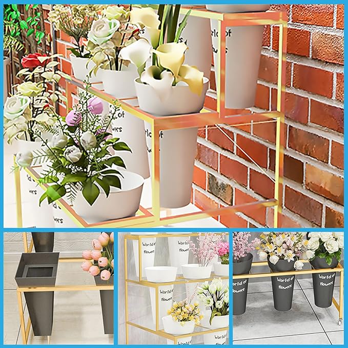 Flower Display Stand With 12PCS Buckets, 3 Layers Metal Plant Stand with Wheels, Heavy Duty Moving Plant Cart Shelf, for Indoor, Outdoor Patio Garden, Living Room, Florist (White - Square Bucket)