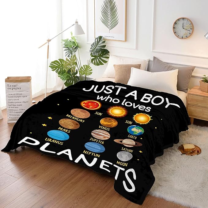 Just Boy Who Loves Planets Blanket Soft Blankets and Throws Flannel Cozy Lightweight Quilt Gift Perfect for Bed Sofa Couch-120 x90 Extra Large for Family