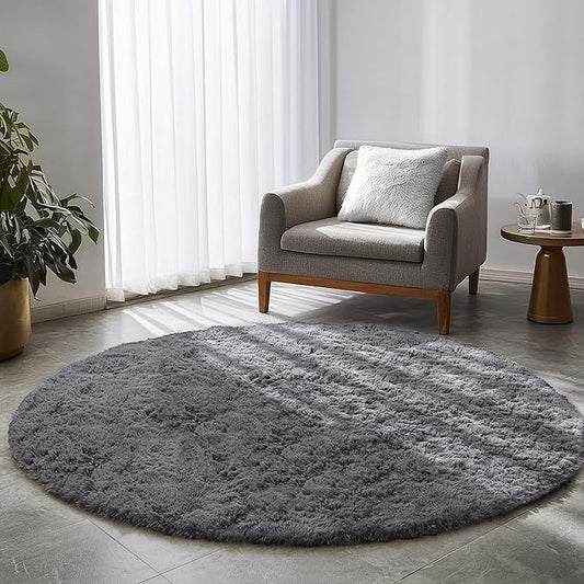 Amdrebio Grey Round Area Rugs 7Ft for Living Room, Large Shag Fluffy Circle Rug for Bedroom, Big Soft Thick Plush Carpet for Kids Room, Modern Furry Fuzzy Circular Gray Rug for Classroom Apartment