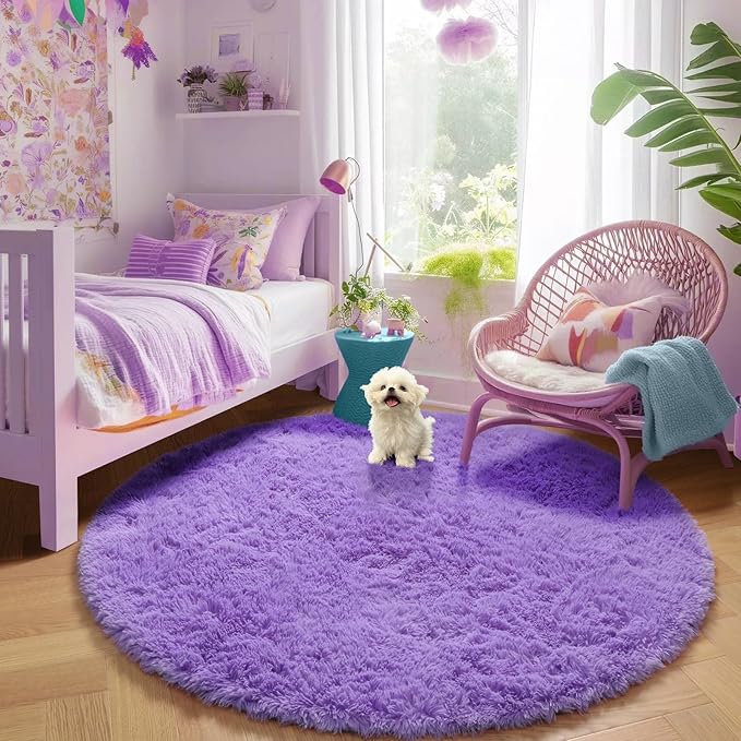 Amdrebio Purple Round Circle Rugs 6Ft for Girls Bedroom Decor Aesthetic, Large Fluffy Fuzzy Area Rugs for Kids Room, Soft Cute Furry Plush Shaggy Lavender Carpet for Living Room, Baby Nursery, Dorm