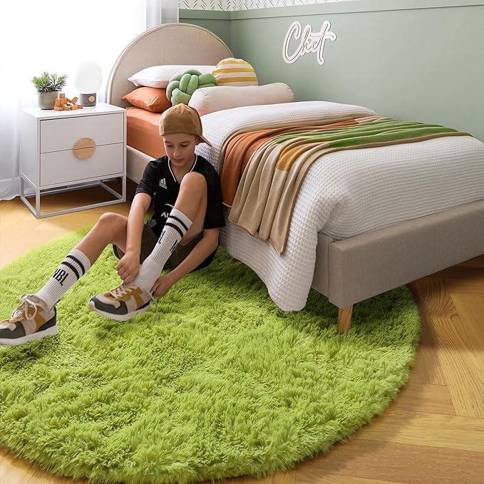 Grass Green Round Rug 4Ft for Bedroom, Fluffy Shag Circle Area Rugs for Kids Room Classroom Nursery, Cool Living Room Decor Aesthetic, Cute Fuzzy Moss Floor Carpet for Preppy Dorm Apartment, Circular