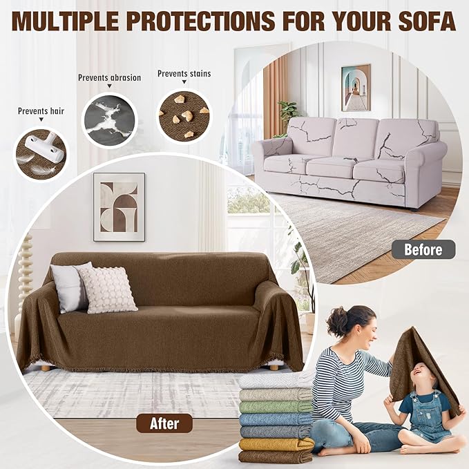 KinCam Couch Covers for 3-4 Cushion Couch Sofa Cover Washable Sectional Couch Cover for Dogs Tassel Sofa Blanket Cover Pet Friendly Soft and Durable for Most Furniture(71" x 150", Dark Coffee)