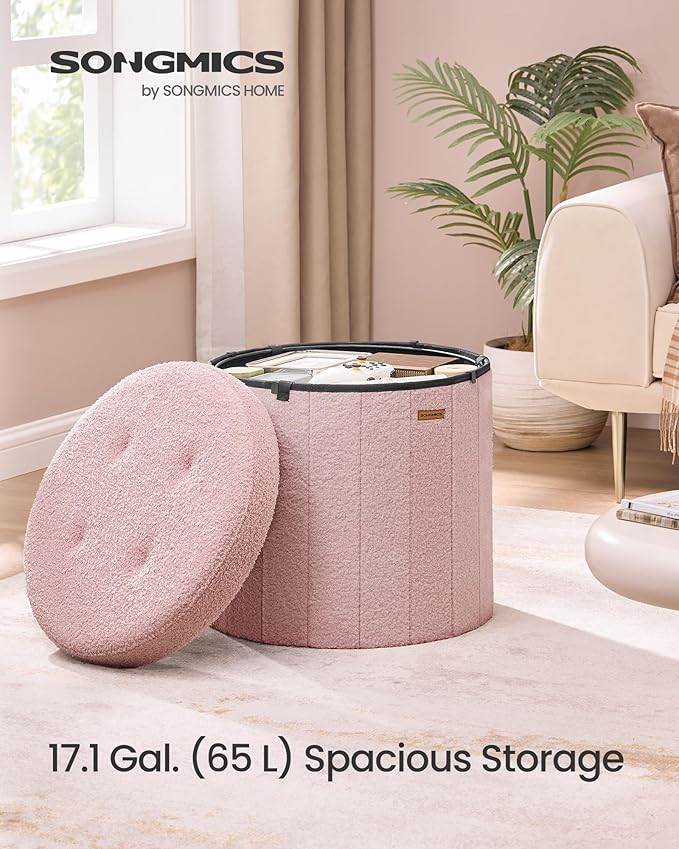 SONGMICS Mazie Collection - Round Storage Ottoman, Folding Footrest Stool with Removable Lid, Easy Assembly, Teddy Fleece Vanity Stool for Bedroom, Living Room, Entryway, Jelly Pink ULSF606R01
