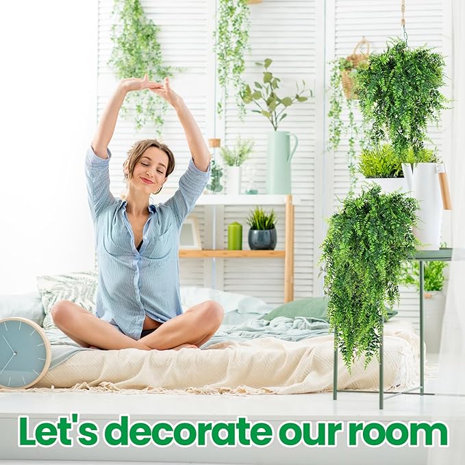 Geosar 64 Pcs Artificial Hanging Plants 32 Inch Hanging Boston Ferns Plastic Fake Plants for Wall Room Garden Wedding Garland Indoor Outdoor Decoration, No Basket