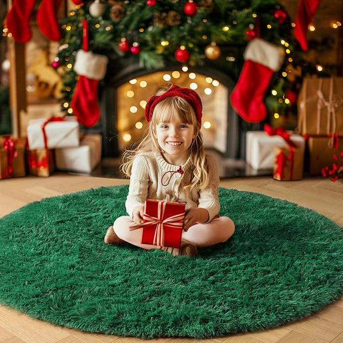 Amdrebio Dark Green Fluffy Round Rugs 5Ft for Bedroom, Thick Floor Circle Rug for Kids, Teens Room Decor, Furry Shag Area Rug for Living Room, Baby Nursery, Dorm, Fuzzy Plush Fur Emerald Green Carpet