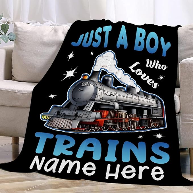 Boy Who Loves Trains Blanket Custom Train Blankets for Boys Men Flannel Cozy Quilt Gift for Train Lovers for Beding Sofa Couch-50x40 Inches