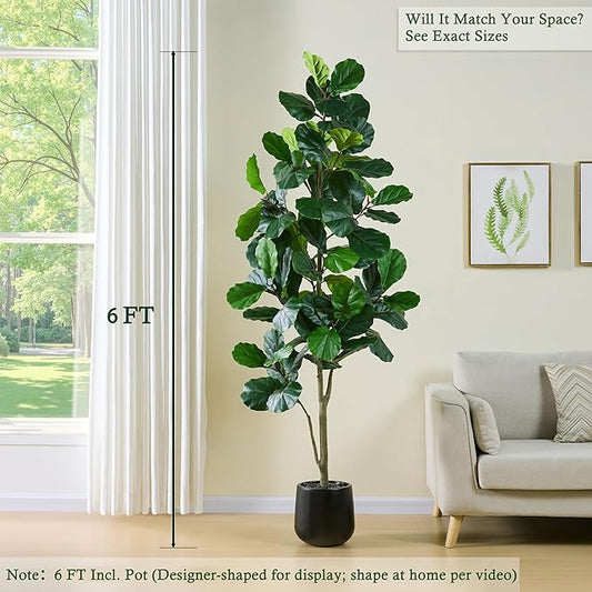 Artificial Fiddle Leaf Fig Tree：6FT Tall Faux Ficus Lyrata Plant Fake Fig Trees Realistic Green Silk Large Leaves with Natural Trunks & Pebbles in Black Planter for Indoor Outdoor Office Home.