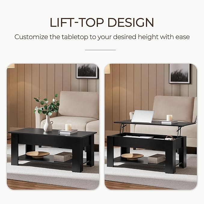 Yaheetech Wooden Coffee Table, Lift Top Coffee Table with Large Hidden Storage Shelf, Lift Tabletop Dining Tables for Living Room, Home Small Space, 38.6in, Black