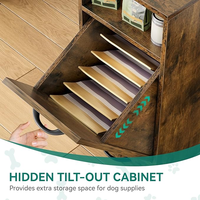 YITAHOME Dog Feeding Station with Storage, Dog Food Cabinet with 2 Feeder Bowls, Pull Out Elevated Dog Bowl, Brown