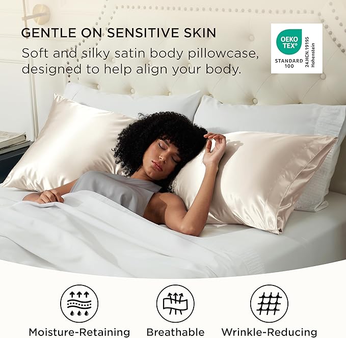 Bedsure Body Pillow Cover 20x54 Inches - Beige Satin Similar to Silk Pillowcase for Hair and Skin, Cooling and Silky Long Body Pillow Pillowcase with Envelope Closure, Gifts for Women Men