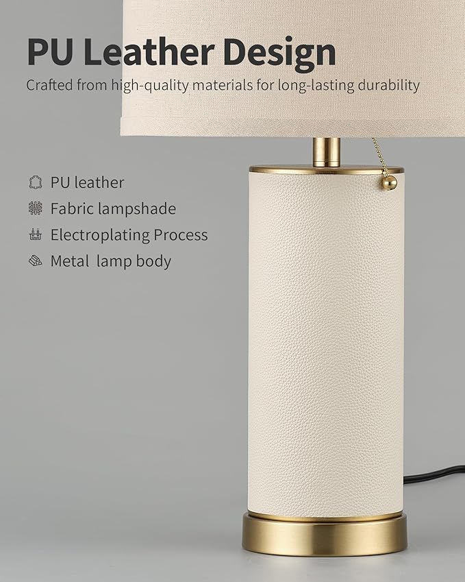 KDG 23.4" White PU Leather Table Lamps for Living Room Set of 2, 3 Level Brightness LED Modern Home Decor Fabric Lampshade Desk Lamp Lighitng for Bedroom, Bedside, Farmhouse, Nightstand, Night Light