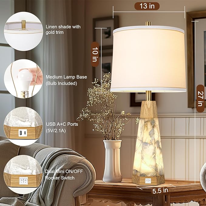 27" Natural Alabaster And Real Wood Table Lamp Set of 2 With Night Light Nightstand Lamps With USB Ports White Linen Fabric Shade Bedside Lamp Decor For Living Room Bedroom Home Office Hotel Bar House