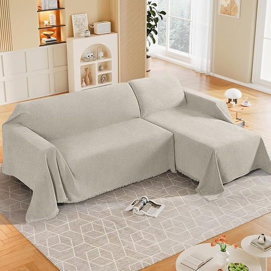 KinCam Couch Covers Washable Oversized Chair Cover Armchair Cover for Dogs Tassel Recliner Chair Sofa Cover Blanket Pet Friendly Soft and Durable for Most Furniture (71" x 71", Khaki)