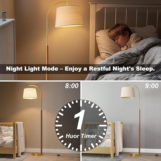 62.5" Gold Floor Lamp for Living Room Dimmable Standing Lamp with Remote & Foot Switch, 3 Color Temperatures Arc Tall Lamp Wood Mid Century Modern Floor Lamps for Bedroom Office, 9W Bulb Included