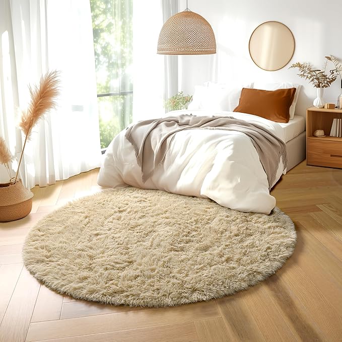 Amdrebio Beige Round Area Rugs 5Ft for Bedroom, Fluffy Plush Shag Furry Circle Rug for Kids Room, Living Room Decor Aesthetic, Fuzzy Circular Tan Neutral Carpet for Teens Baby Nursery Playroom Dorm