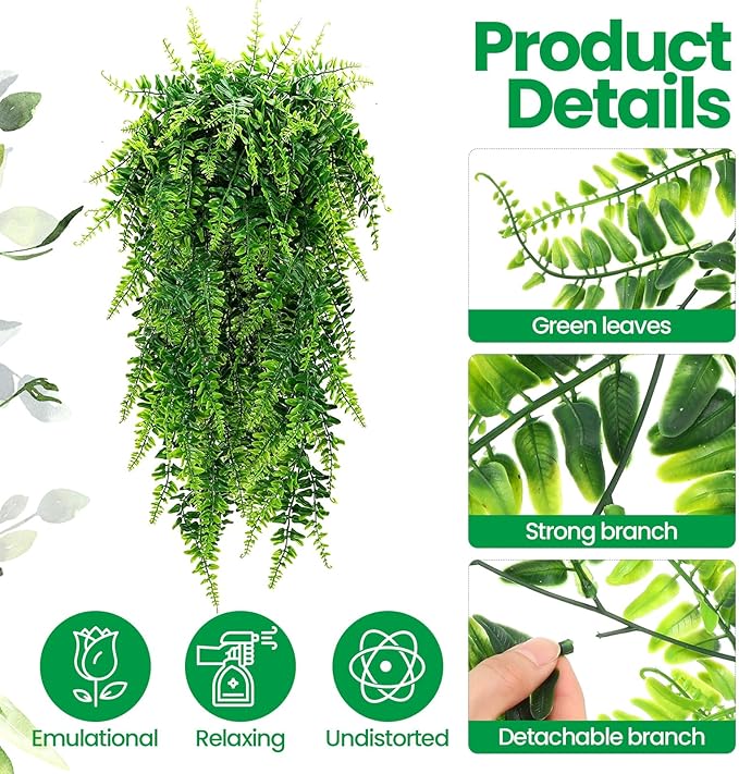 Geosar 96 Pcs Artificial Hanging Plants 32 Inch Hanging Boston Ferns Plastic Fake Plants for Wall Room Garden Wedding Garland Indoor Outdoor Decoration, No Basket