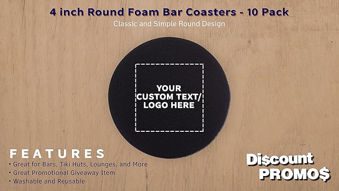10 Round Foam Bud Coasters Pack, 4 inch - Customizable Text, Logo - PU Foam, Party Favor - Black