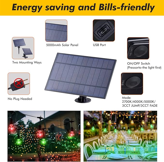 Solar Outdoor RGB String Lights, 48FT Dimmable Patio String Lights with Shatterproof Bulbs, Commercial Lights for Party