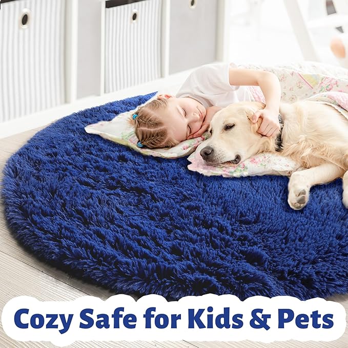 Navy Blue Round Rug 7Ft for Living Room Bedroom, Large Fluffy Fuzzy Circle Area Rugs for Teen Boys Baby Kids, Cute Shaggy Plush Floor Royal Dark Blue Carpet for Dorm Nursery Playroom Decor Aesthetic