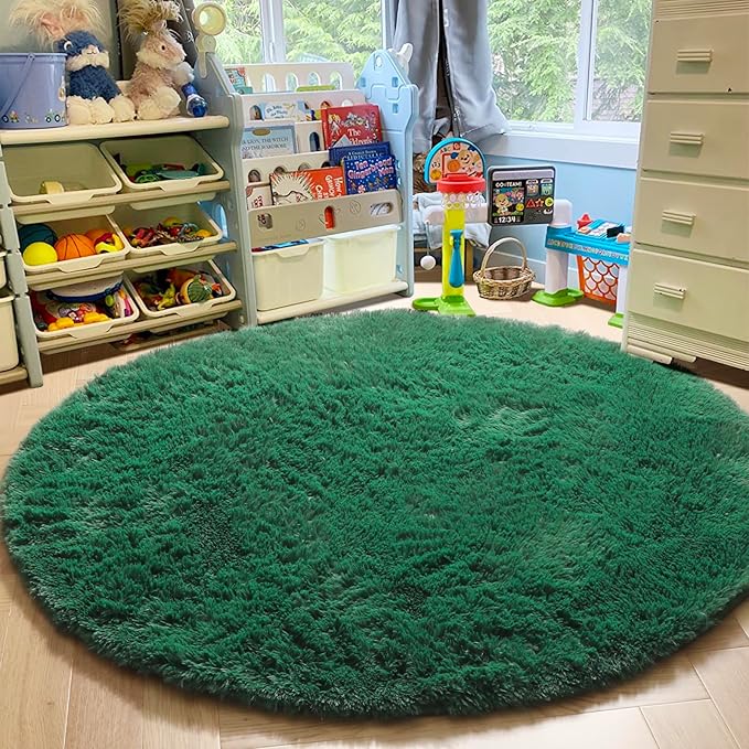 Amdrebio Dark Green Round Rug 6Ft for Living Room Bedroom, Fluffy Thick Floor Circle Area Rugs for Kids Room Decor, Furry Shag Rug for Baby Nursery, Teens Dorm, Fuzzy Plush Cool Emerald Green Carpet