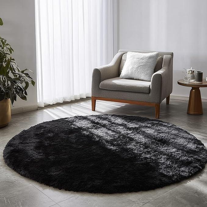 Black Round Rug 4Ft for Bedroom, Fluffy Circle Area Rugs for Living Room Decor Aesthetic, Shaggy Furry Circular Floor Carpet for Office Playroom Nursery Classroom, Modern Baby Kids Teen Boys Mens Rug