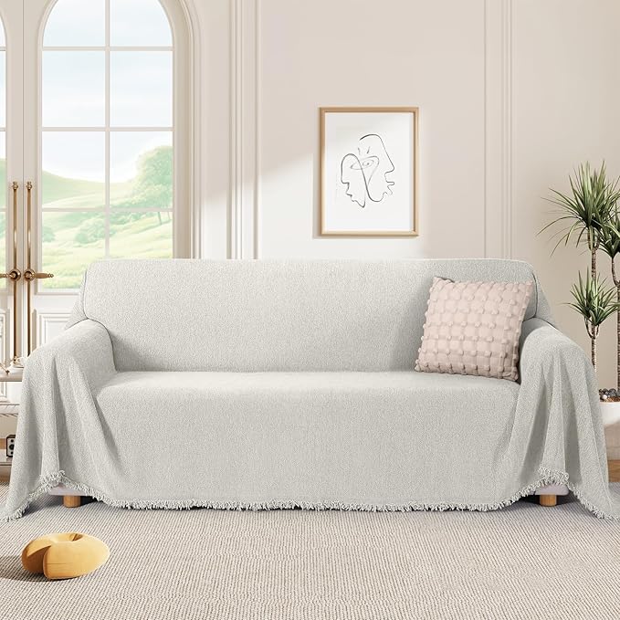 KinCam Couch Covers for 3-4 Cushion Couch Sofa Cover Washable Sectional Couch Cover for Dogs Tassel Sofa Blanket Cover Pet Friendly Soft and Durable for Most Furniture(71" x 150", Cream)