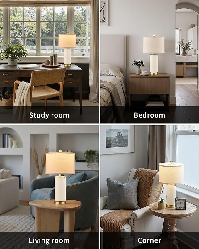 KDG 23.4" White PU Leather Table Lamps for Living Room Set of 2, 3 Level Brightness LED Modern Home Decor Fabric Lampshade Desk Lamp Lighitng for Bedroom, Bedside, Farmhouse, Nightstand, Night Light