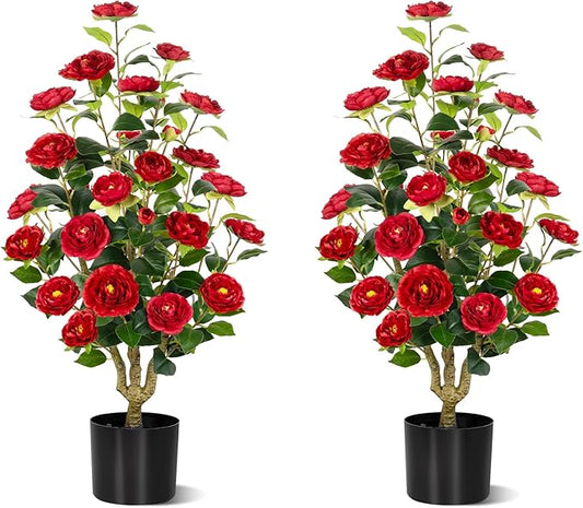 [2-Pack] 37’’ Artificial Camellia Tree with White Flowers, Faux Potted Plant for Indoor & Outdoor Decor, Lifelike Greenery for Home, Office, Porch, or Patio (Red)