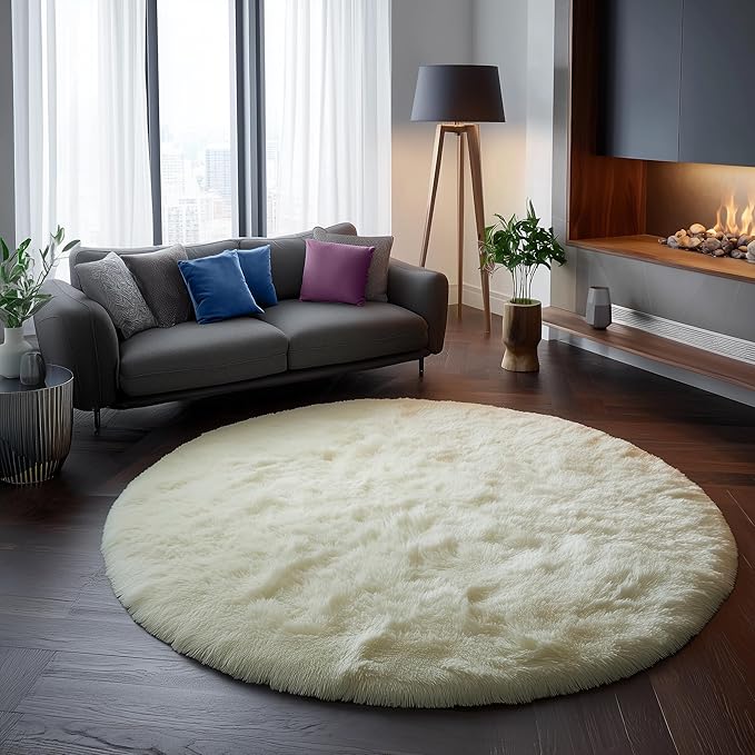 Amdrebio Ivory White Round Circle Rug 6Ft for Kids Bedroom Aesthetic, Big Washable Fluffy Fuzzy Area Rugs for Living Room, Circular Plush Soft Shaggy Cream Carpet for Baby Nursery Teen Girls Boys