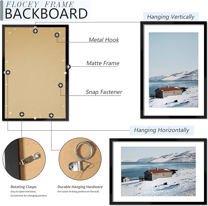 24x36 Picture Frame Set of 5, Black Poster Frame, Display Pictures 20 x 30 with Mat or 24 x 36 Without Mat for Horizontal or Vertical Wall Mounting, Wall Gallery Frame for Artwork