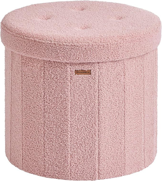 SONGMICS Mazie Collection - Round Storage Ottoman, Folding Footrest Stool with Removable Lid, Easy Assembly, Teddy Fleece Vanity Stool for Bedroom, Living Room, Entryway, Jelly Pink ULSF606R01
