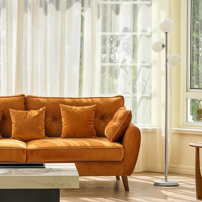 VONLUCE Mid Century Modern Floor Lamp 65", 3 Globe Lights Standing Lamp with LED Bulbs & Frosted Shades, Contemporary Dimmable Tall Pole Lamp for Living Room Bedroom Office, Nickel