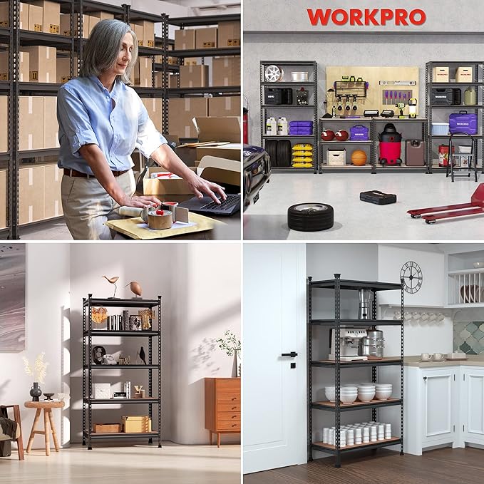 WORKPRO 5-Tier Metal Storage Shelving Unit, 36”W x 18”D x 72”H, Adjustable Storage Rack Heavy Duty Shelf with Particle Board, 4000 lbs Load Capacity (Total) for Garage Warehouse, Black/Silver