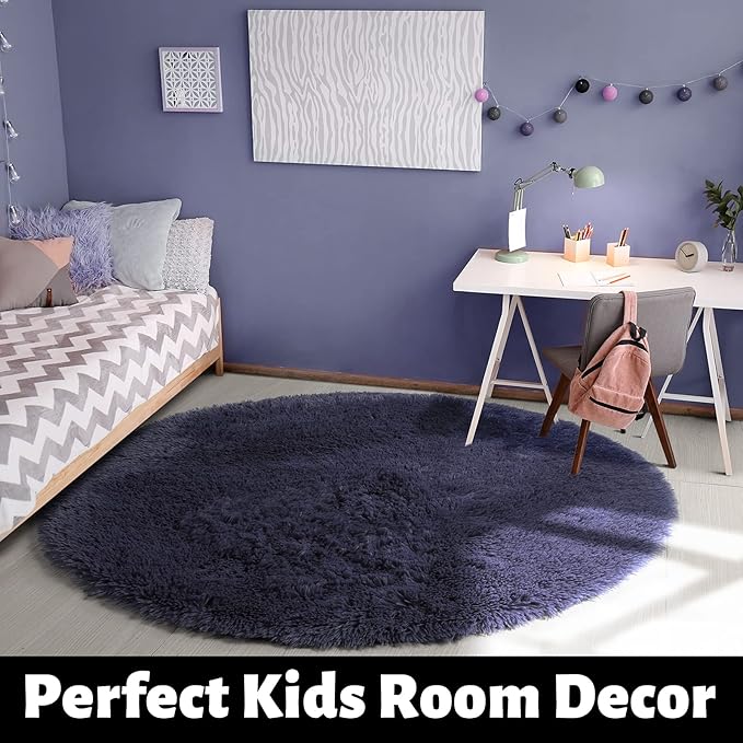 Purple Gray Round Rugs 5Ft for Bedroom Decor Aesthetic, Fluffy Fuzzy Circle Area Rug for Teen Boys, Baby Kids Playroom, Shaggy Fur Carpet for Living Room, Home Office, Nursery, Preppy Dorm, Classroom