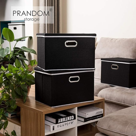 PRANDOM Extra Large Collapsible Storage Bins with Lids [5-Pack] Linen Fabric Foldable Storage Baskets Boxes Organizer Containers Cube with Cover for Bedroom Closet Office Nursery (22.8x15.75x13.8)