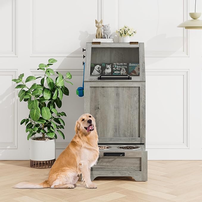 Dog Feeding Station with Storage - Large Capacity Dog Food Storage Cabinet with 2 Removable Stainless Steel Bowls, Flip Top Pet Food Container Toy Storage Organizer - Grey