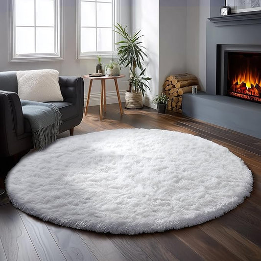 Round Rugs 5Ft White Circle Area Rug, Fluffy Fuzzy Bedroom Carpets for Kids Playroom Home Decor Aesthetic, Plush Soft Shaggy Living Room Rugs for Nursery Dorm Classroom, Modern Cute Shag Furry Carpet