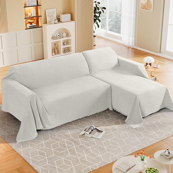 KinCam Couch Covers for 3-4 Cushion Couch Sofa Cover Washable Sectional Couch Cover for Dogs Tassel Sofa Blanket Cover Pet Friendly Soft and Durable for Most Furniture(71" x 150", Cream)