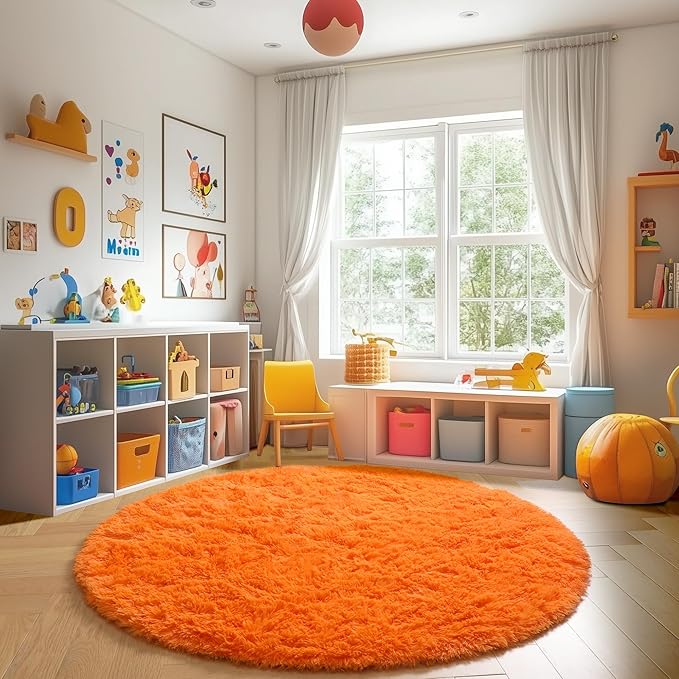 Amdrebio Orange Round Circle Rug 5Ft for Bedroom Living Room, Fluffy Fuzzy Shaggy Area Rugs for Kids Room Decor Aesthetic, Cute Furry Plush Shag Carpet for Baby Nursery Dorm Playroom, Teen Girls Boys