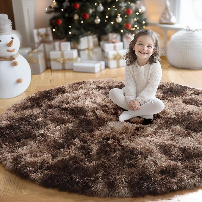 Amdrebio Tie-Dyed Brown Round Circle Rugs 4Ft for Bedroom, Fluffy Shag Plush Area Rugs for Kids Room, Living Room Decor Aesthetic, Fuzzy Fur Throw Floor Carpet for Playroom Preppy Dorm Baby Nursery