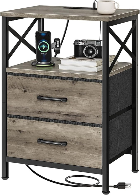 Huuger Night Stand with Charger Station, 2 Drawer Nightstand with Open Shelf, Bed Side Table with USB-C Port, End Table, Compact Size for Small Spaces, X Shaped Side Rail, Oak