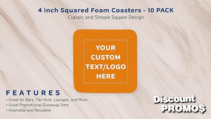 10 Squared Foam Coasters Pack, 4 inch - Customizable Text, Logo - PU Foam, Foldable - Neon Orange