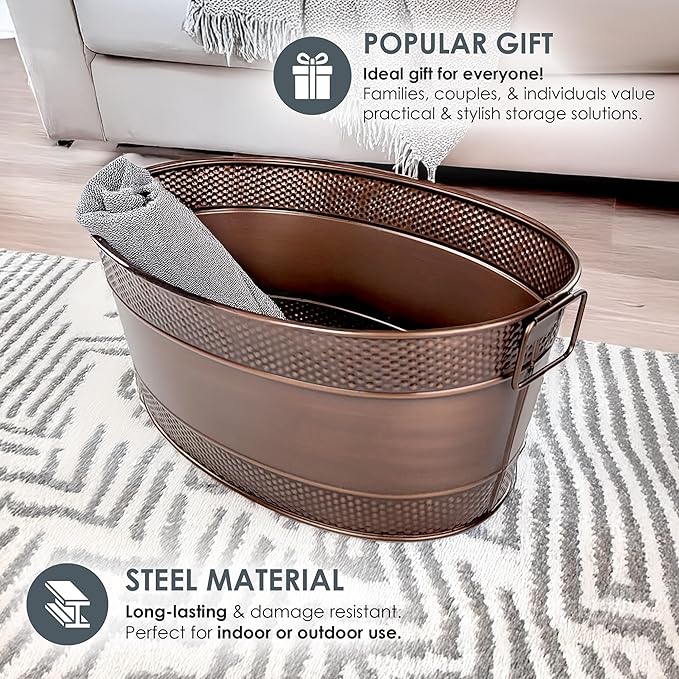 BREKX Copper Galvanized Tub for Indoor Firewood Storage Rack Log Holder - 25QT Heavy-Duty Portable Tub with Handles -Multi-Use for Planters, Blankets for Living Room, Etc