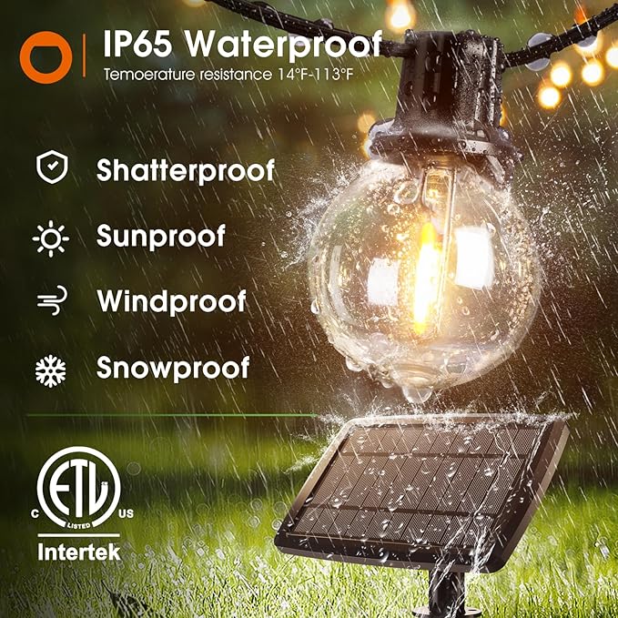 addlon 50FT Solar String Lights Outdoor Waterproof with Remote, G40 Globe Solar Patio Light with 27 LED Shatterproof Bulbs, 3 Modes, Dimmable Hanging for Outside Backyard Party