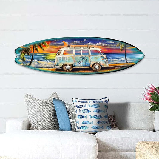 48-inch VW Surf Van at the Beach Wall Art, Handcrafted Coastal Holiday Décor by G. Debrekht