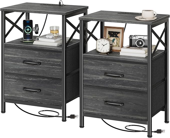 Huuger Nightstands Set of 2, Night Stand with Charger Station, 2 Drawer Side Table with Open Shelf, USB-C Port, End Table for Small Spaces, X Shaped Side Rail, Charcoal Black